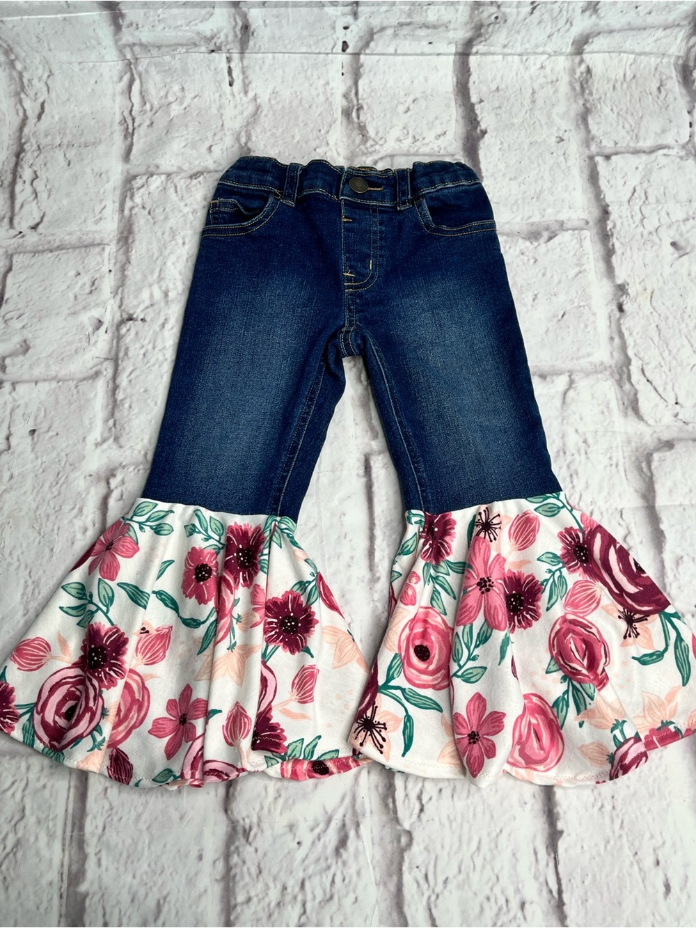 Girls upcycled Dark Blue Denim Bell Bottom Jeans with Pink Floral Ruffle size 2T